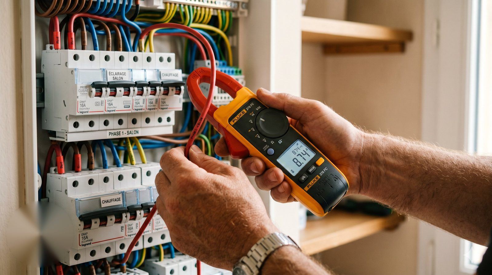 Diagnostic à la pince ampèremétrique sur un tableau étiqueté
