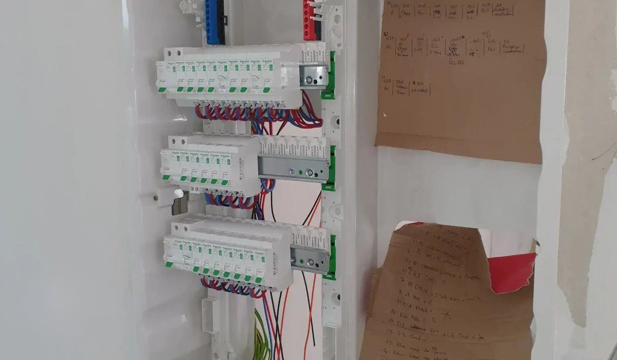 Tableau Schneider en cours de câblage avec plan de circuits annoté